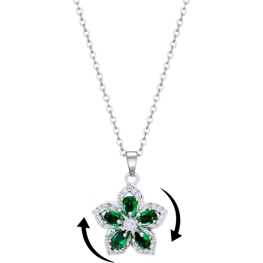 Women Silver Flower Fidget Green Set Necklace Rotatable Crystal Blossom Pendant